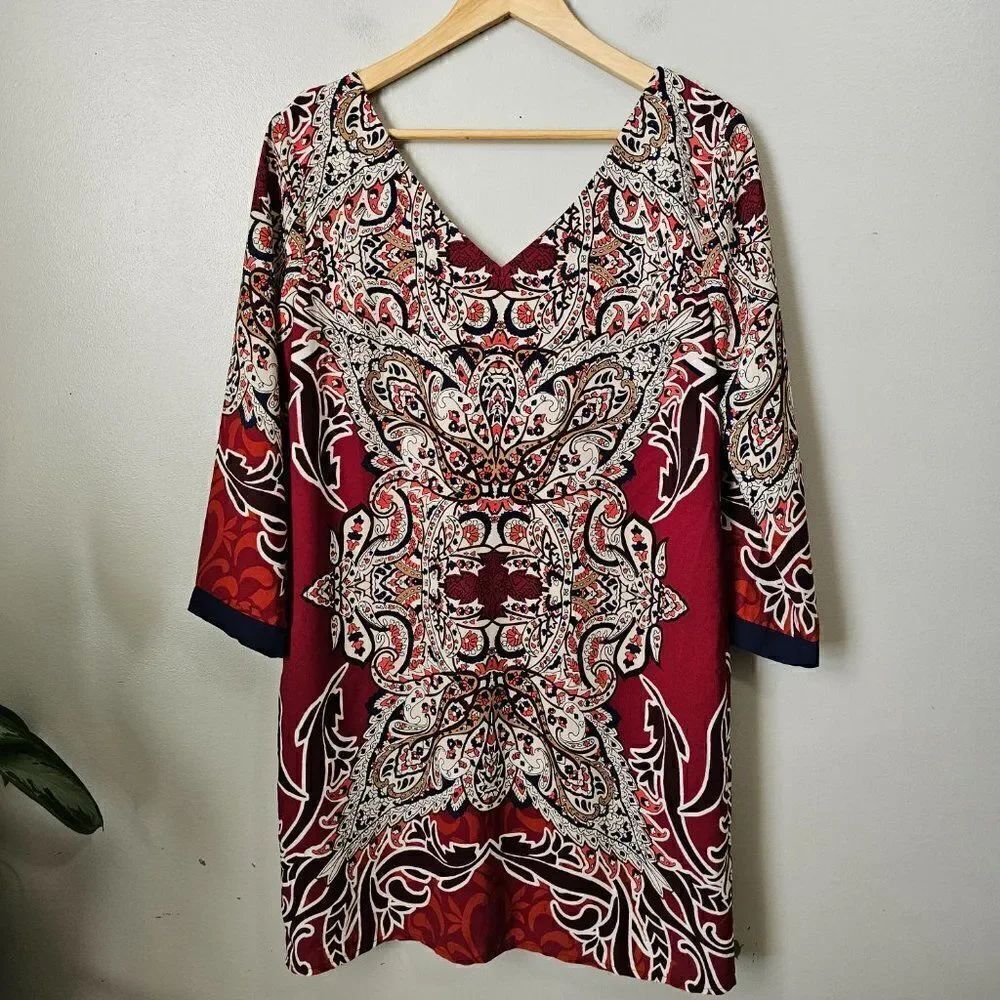 EUC LIKE NEW PINK OWL BOHO PRINT DOUBLE V NECK SHIFT DRESS SIZE M